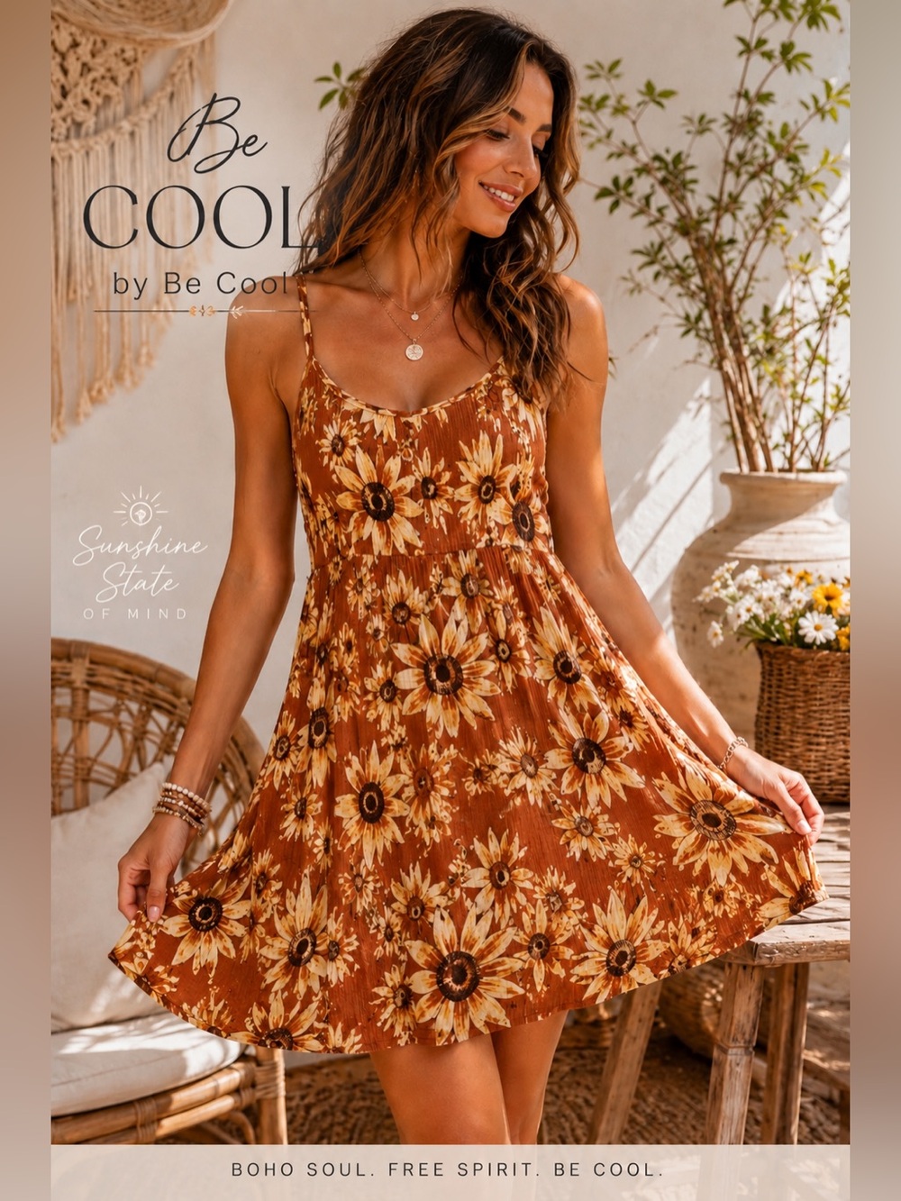 BeCool Sunflower Mini Dress Women L Western Boho Indie Rust Floral Sundress B2